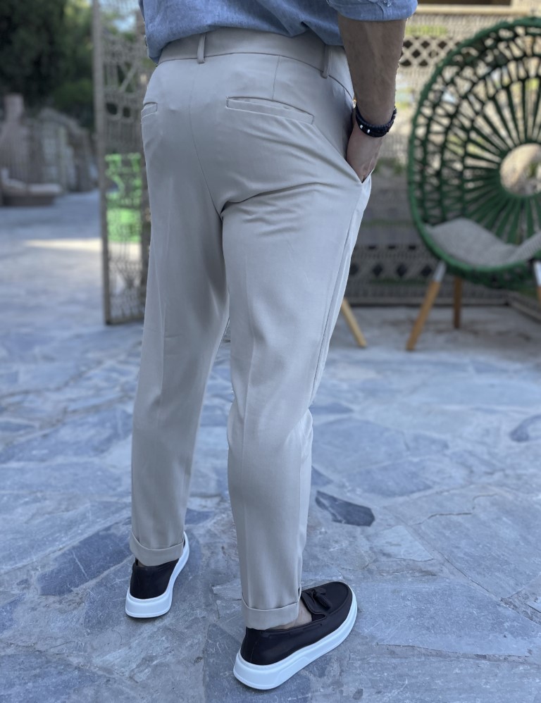 Ανδρικό μπεζ υφασμάτινο παντελόνι με πιέτες και φάσα στην μέση FCL00395B φωτογραφία